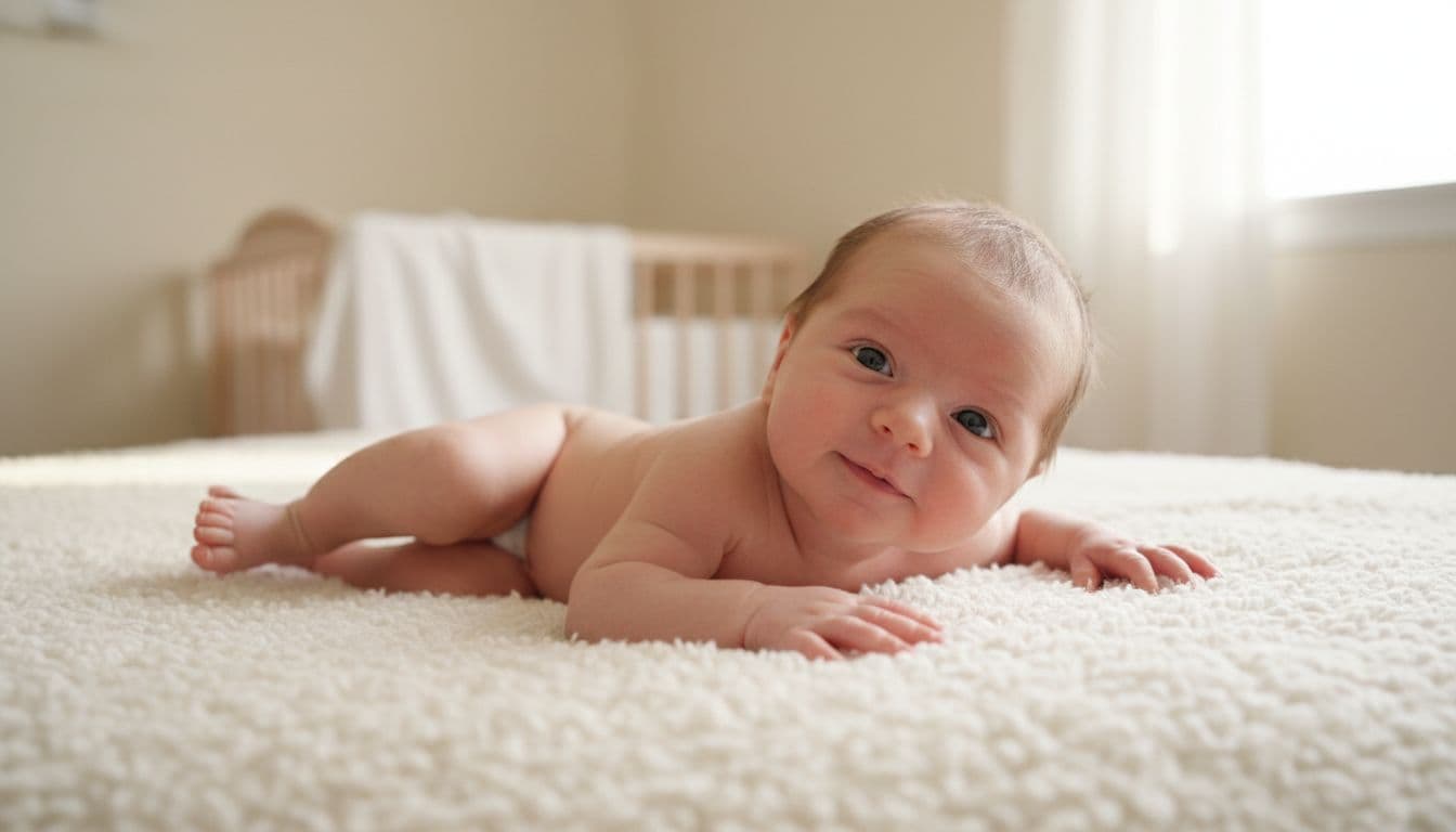 Newborn baby lies relaxed on white blanket in nursery, arms loose, eyes open with soft smile.