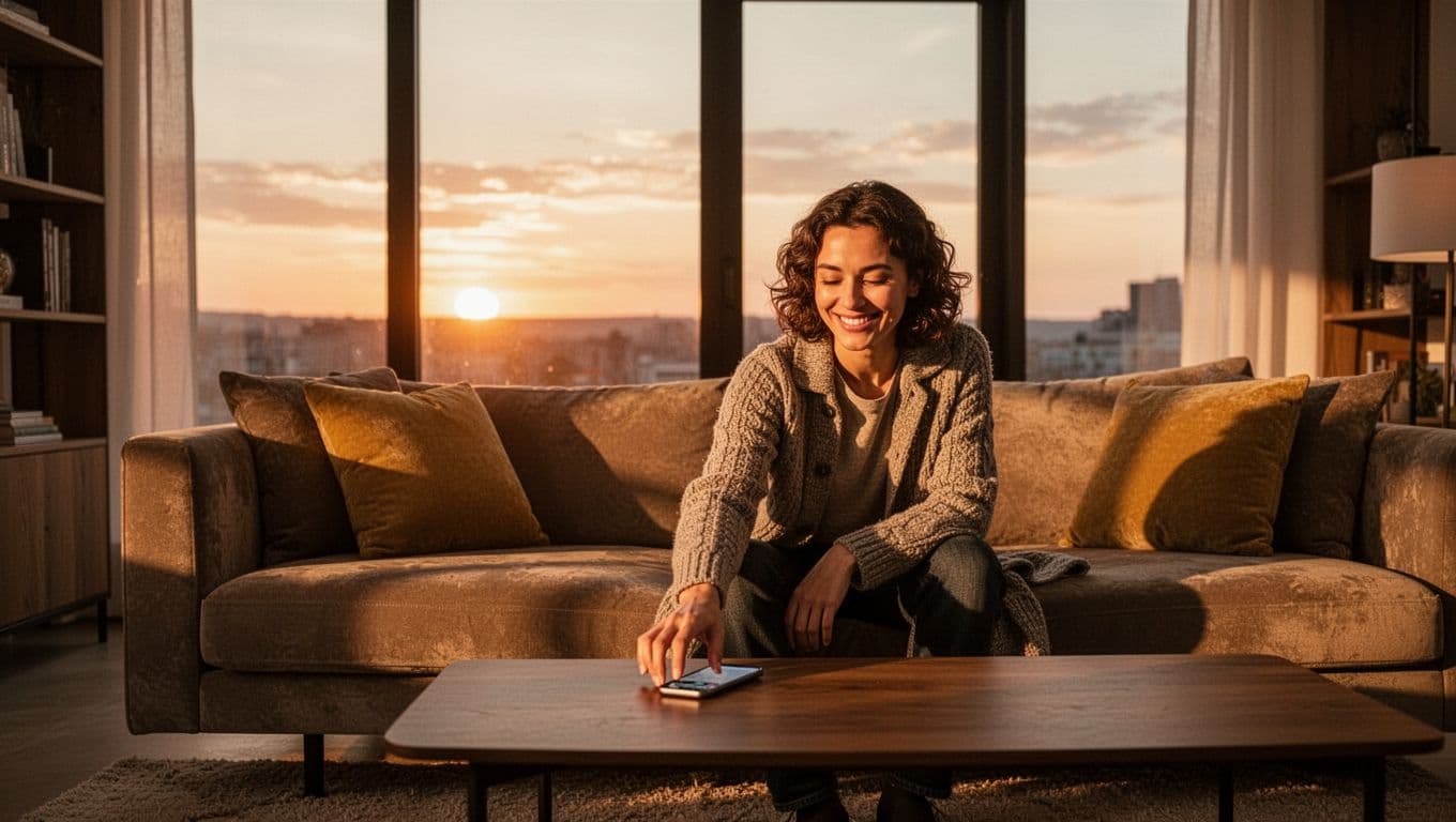 A person sits on a plush sofa in a warm, dimly lit living room at sunset. They place a smartphone onto a sleek coffee table with a soft, satisfied smile.