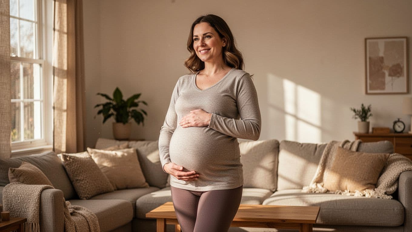 Third-trimester pregnant woman stands relaxed in cozy living room, smiling with hand on belly.