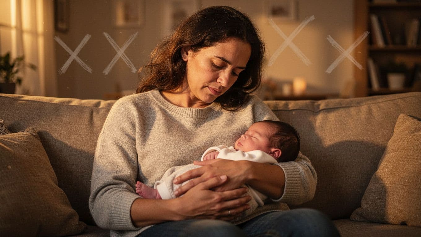 A tired but relieved parent cradles a settled newborn baby on a cozy couch in a warm evening living room, with faint crossed-out myth icons like 'spoiled baby' and 'harms development' overlaid in the background. Realistic photograph in soft golden lighting reassures parents by visually debunking stressful colic myths.