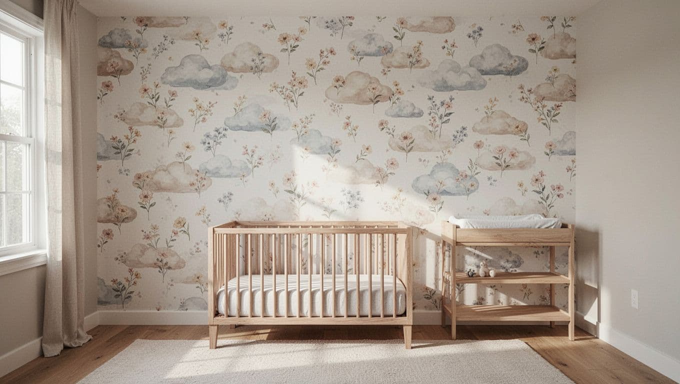 Cozy baby nursery accent wall with removable floral wallpaper in tiny soft florals and clouds, wooden crib in front, changing table nearby, soft natural light, calm neutral tones.