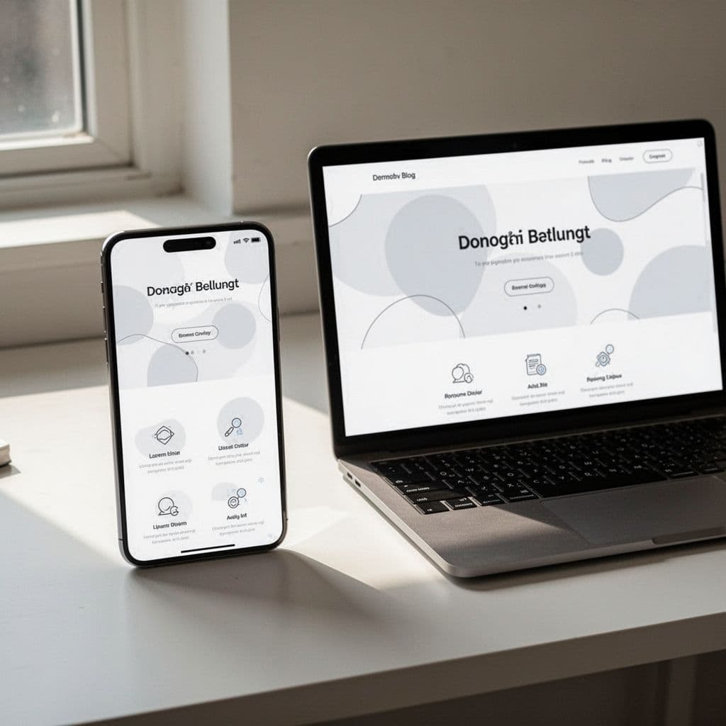 A smartphone and a laptop sit side-by-side on a desk, both displaying a consistent minimalist blog layout.