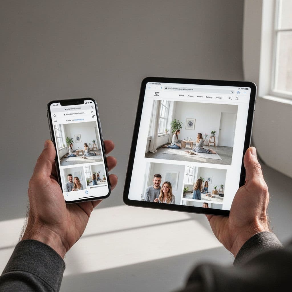 A person holds a smartphone and tablet side by side displaying identical website layouts.