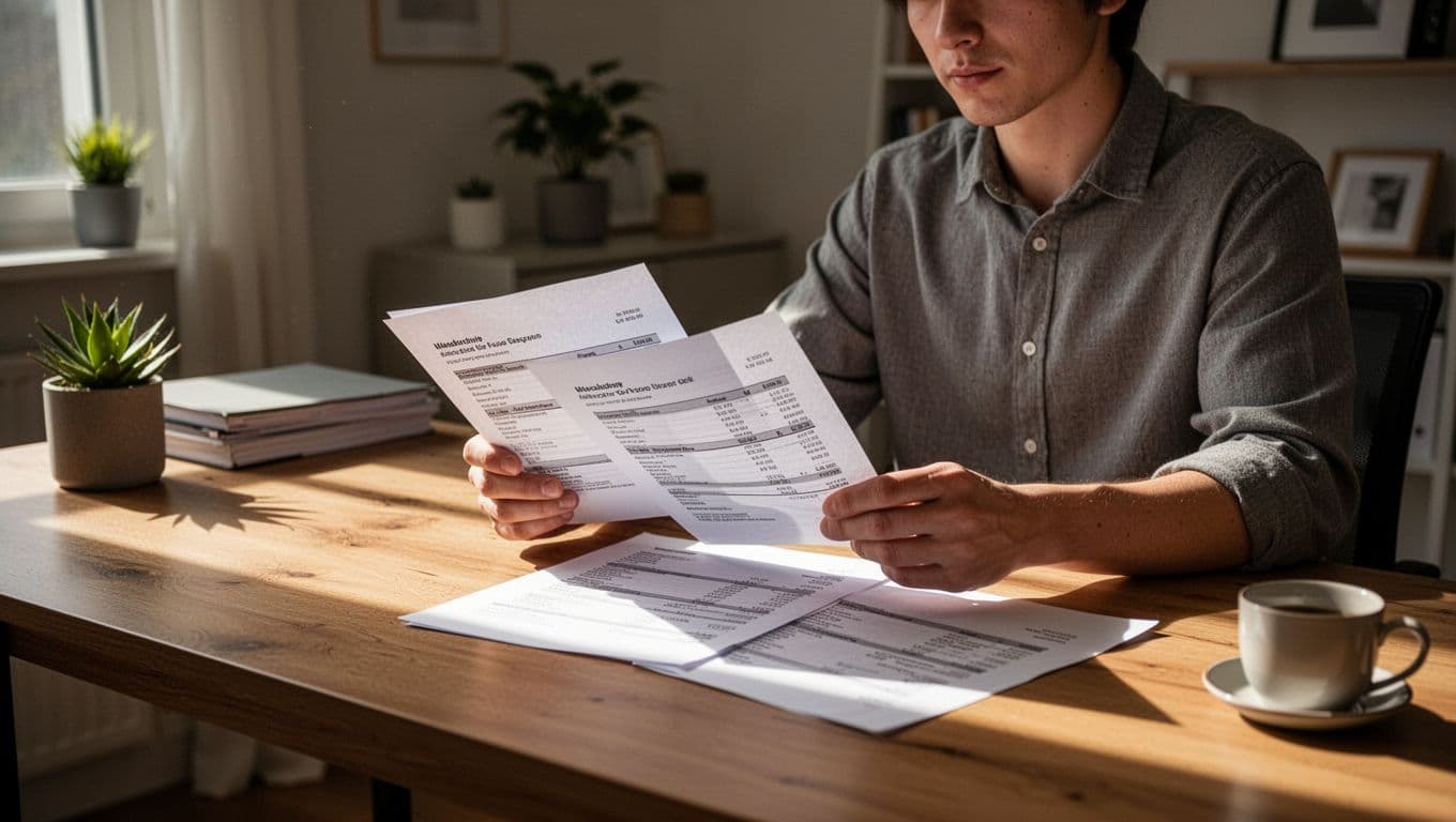 A person sits at a polished wooden desk, closely examining blank printed documents under soft window light. The organized home office space highlights a focused effort to improve their financial status.
