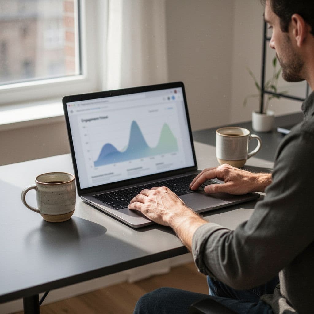 Person at desk examines laptop with blurred graphs of engagement metrics peaking at specific hours, coffee mug nearby.