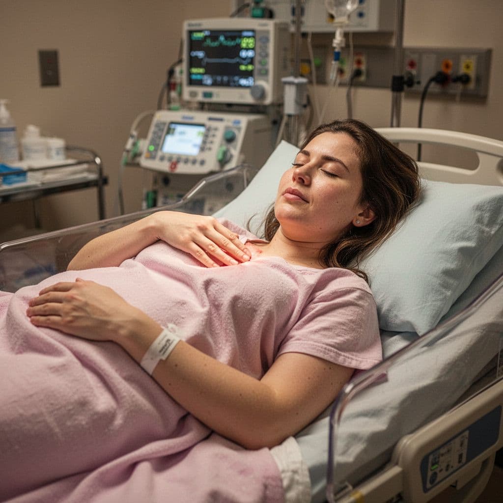 Woman rests in hospital labor bed during baby crowning, blurred equipment in background.