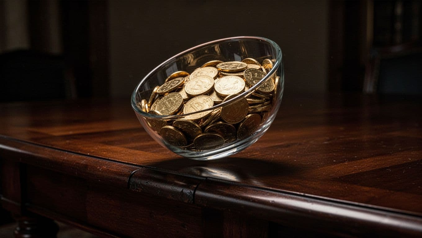 A fragile, clear glass bowl overflowing with shiny gold coins rests precariously on the sharp edge of a dark, polished wooden surface. Dramatic shadows create a tense and cinematic atmosphere.