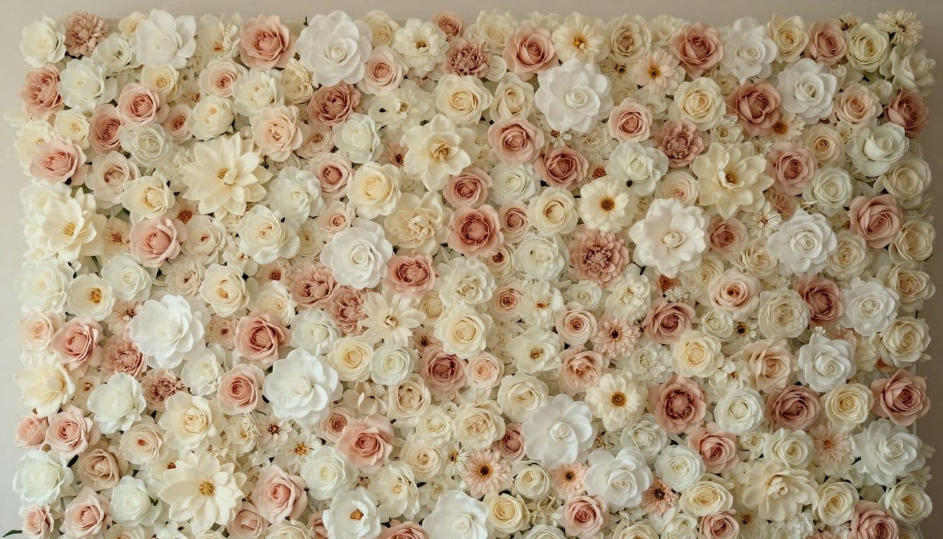 A dense wall of silk flowers in blush, cream, and white creates a textured, elegant backdrop. Soft cinematic lighting enhances the petals, providing a polished and romantic atmosphere for celebrations.
