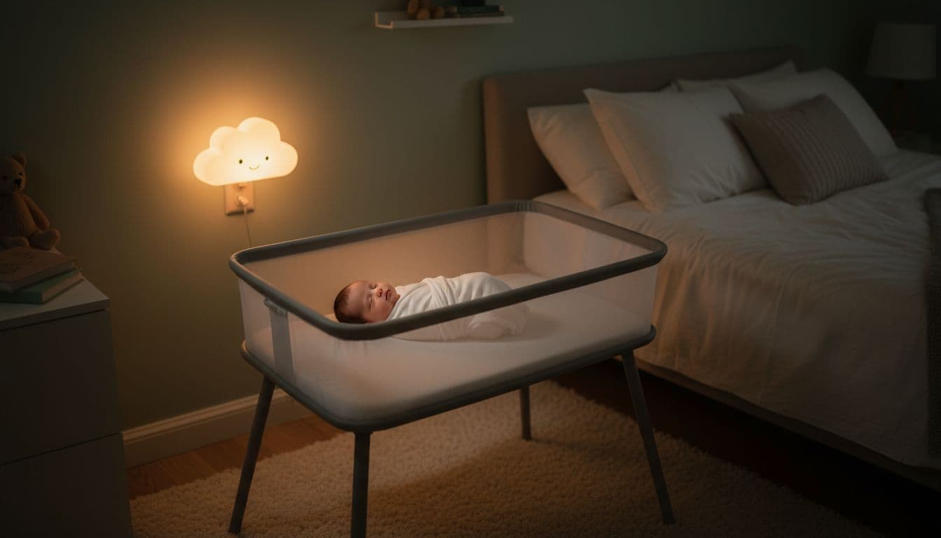Cozy nursery with bassinet positioned next to parents' bed for safe room-sharing, featuring a swaddled baby sleeping on their back under a dim night light. Realistic photo emphasizing safe sleep practices with parents visible only as bed outline.