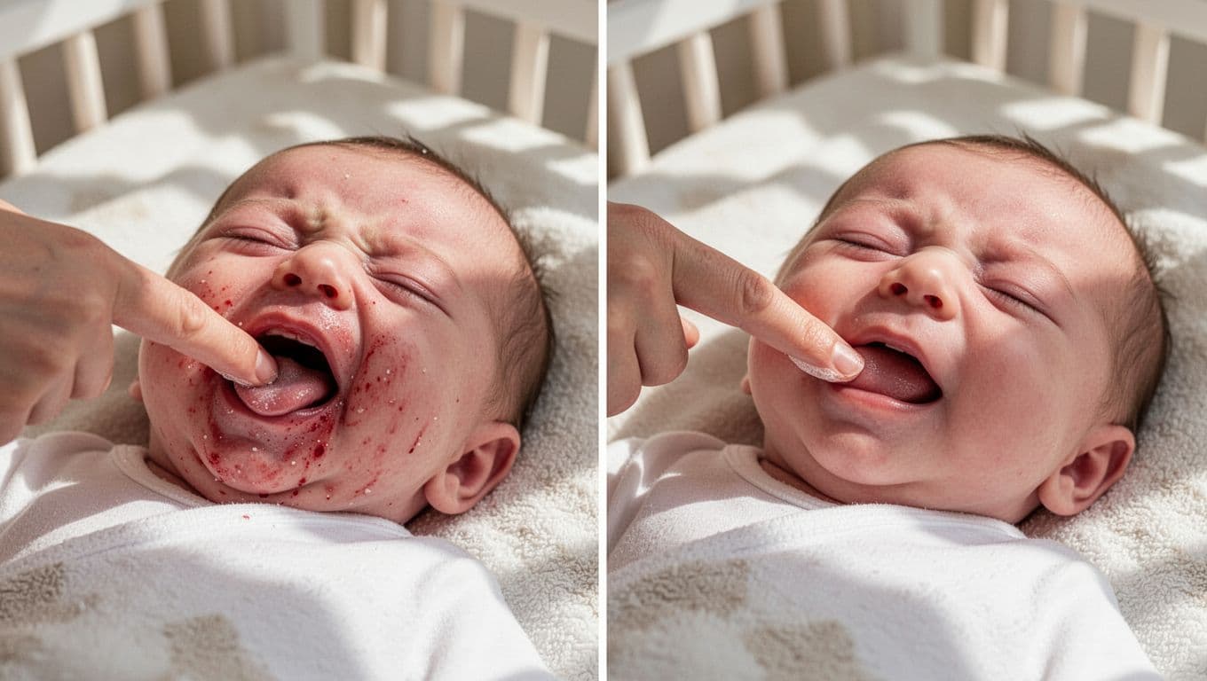 Split image: left shows finger roughly scrubbing irritated crying newborn's tongue; right gently wipes calm relaxed baby's tongue on nursery blanket.