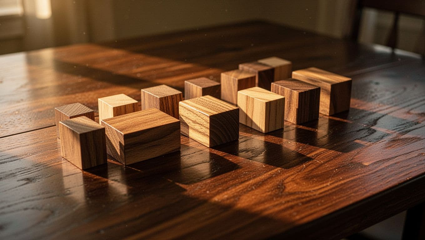 Small wooden alphabet blocks featuring classic names rest on a dark, polished oak table. Warm golden hour sunlight illuminates the grain, casting soft, dramatic shadows across the elegant wooden surfaces.