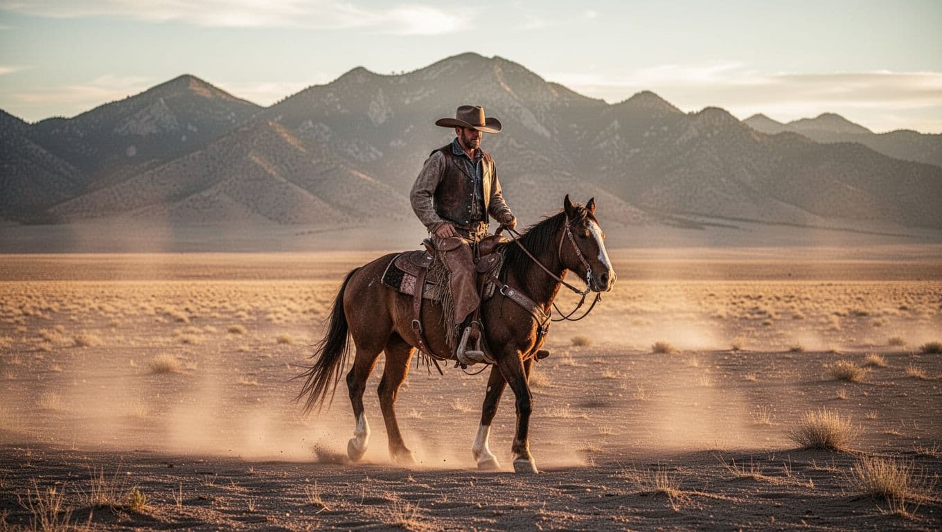 Rugged cowboy in hat, vest, and chaps rides horse across dusty plains toward mountains at golden hour.