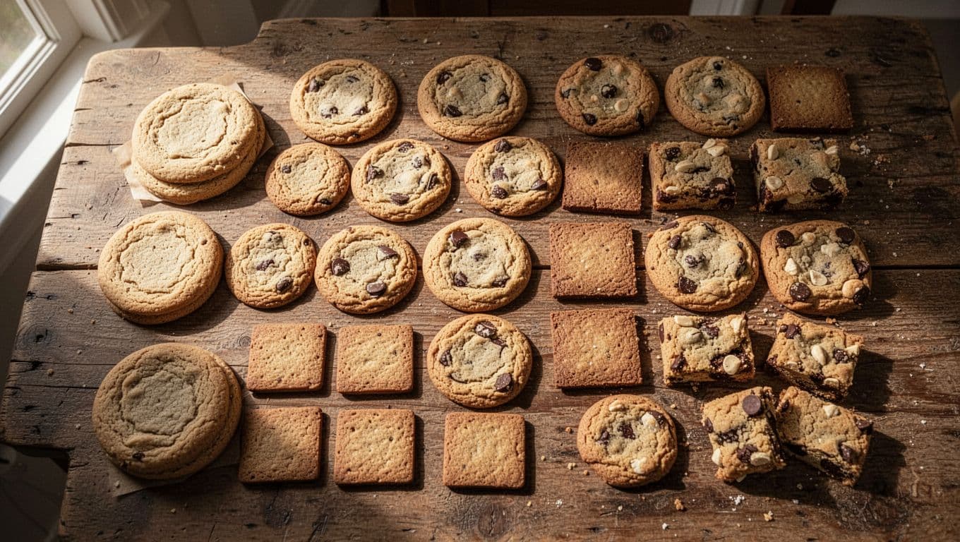 An assortment of textured cookies rests on a dark wooden tabletop under natural light. The collection includes soft chunky treats, thin crisp biscuits, and chocolate-loaded rounds arranged for easy selection.
