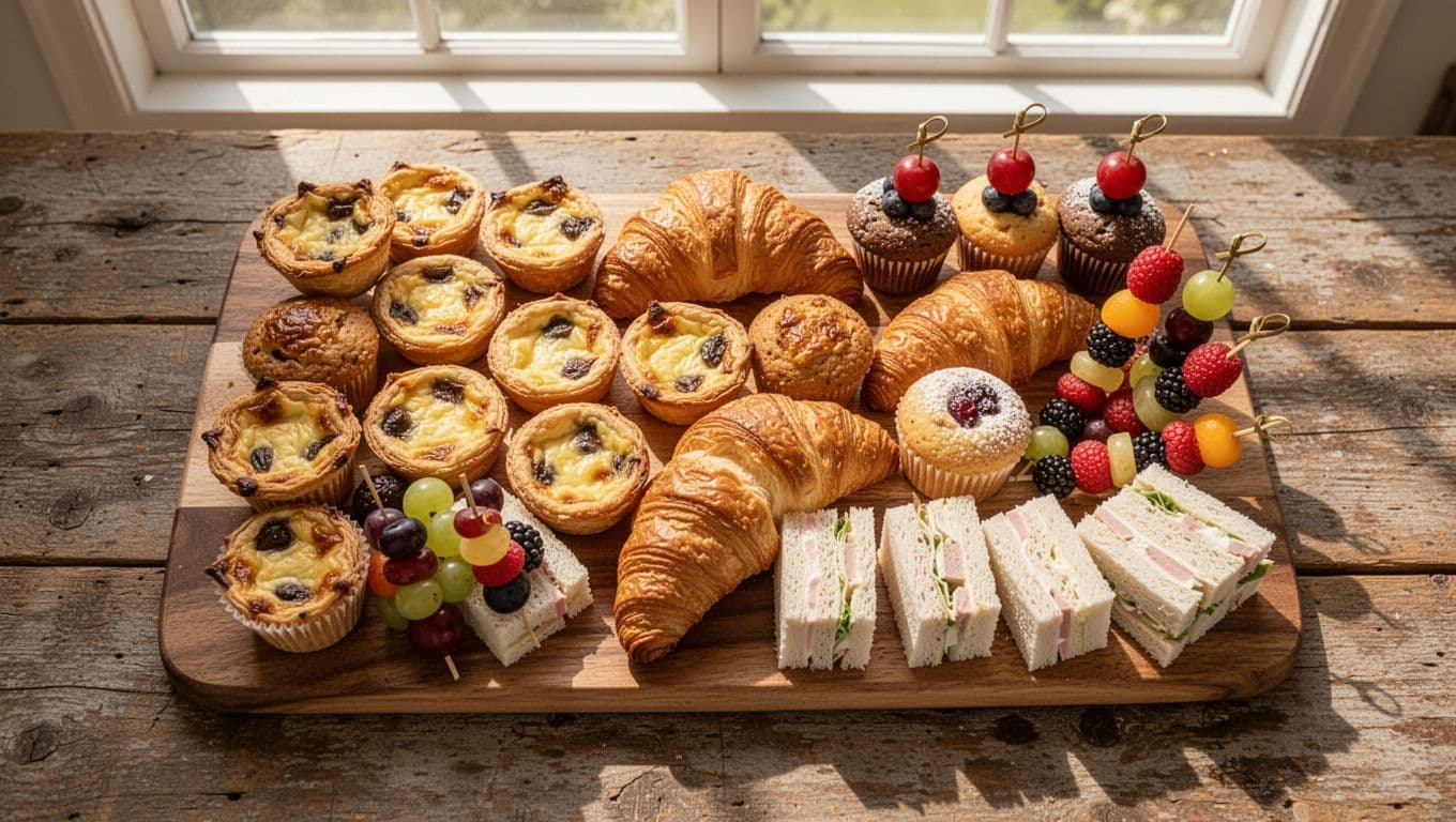 A wooden serving platter features an assortment of mini quiches, flaky croissants, and colorful fruit skewers. The spread is arranged elegantly on a rustic surface bathed in soft, warm morning light.