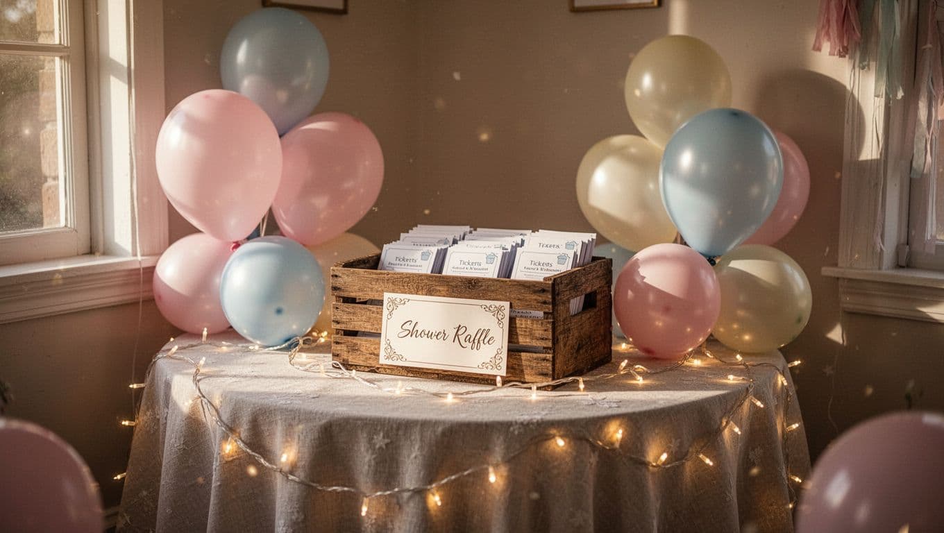A wooden crate sits on a decorated table filled with pastel balloons and warm fairy lights. This inviting raffle area features a small display sign to welcome guests and gift donors.