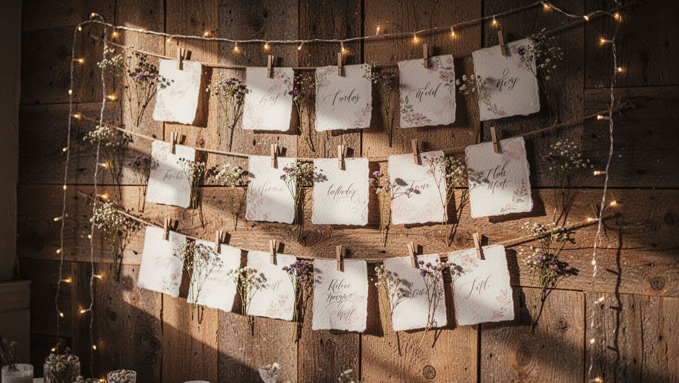 Handwritten advice cards are pinned to a rustic wooden wall alongside delicate dried flowers and glowing string lights. The warm ambient light creates an intimate atmosphere for a baby shower.