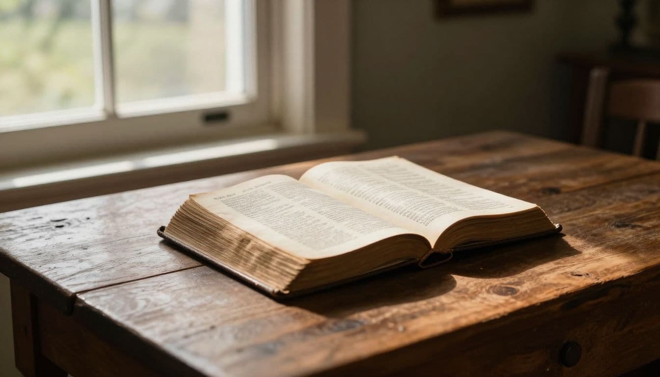 An open vintage Bible rests on a weathered wooden table surface. Soft golden sunlight pours from a nearby window, illuminating the aged paper pages while casting deep, warm shadows across the room.