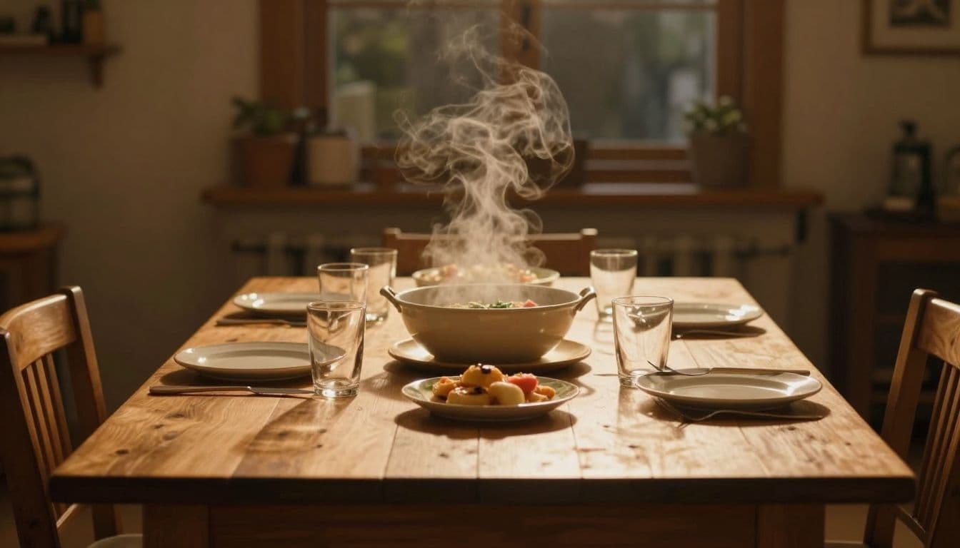 A steaming ceramic bowl rests on a weathered wooden dining table amidst soft, golden ambient light. The rustic setting creates a cozy atmosphere perfect for a quiet, home-cooked family evening meal.