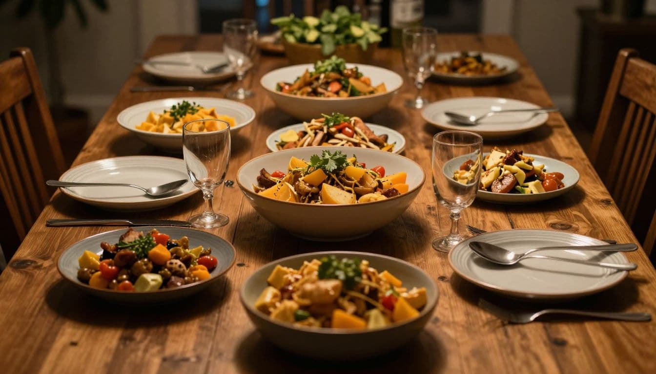 Vibrant home-cooked dishes in ceramic bowls sit upon a weathered wooden table surface. Warm light creates deep shadows, highlighting the steam rising from the flavorful, freshly prepared evening meal.