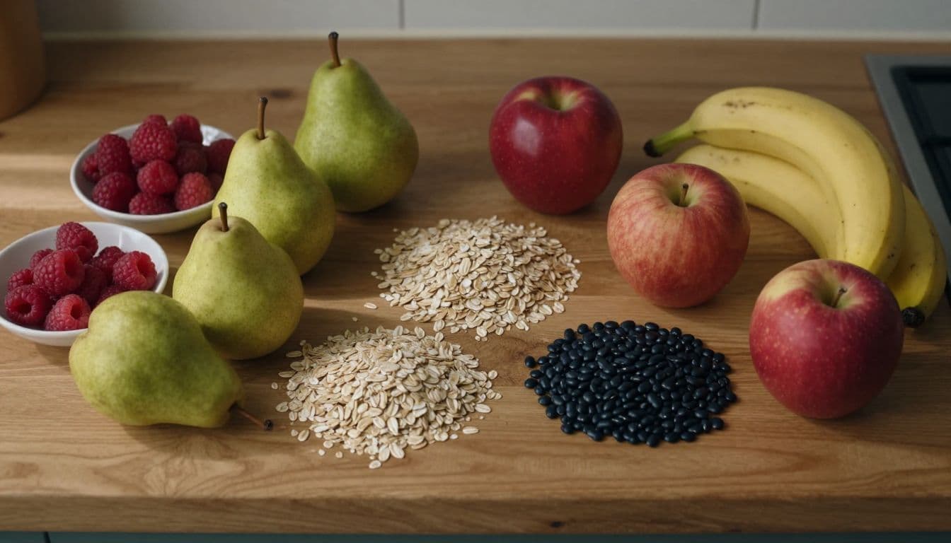 A top-down arrangement of raw ingredients rests on a dark wooden counter, featuring clusters of raspberries, green pears, crisp apples, bananas, dry oats, and scattered black beans under natural daylight.