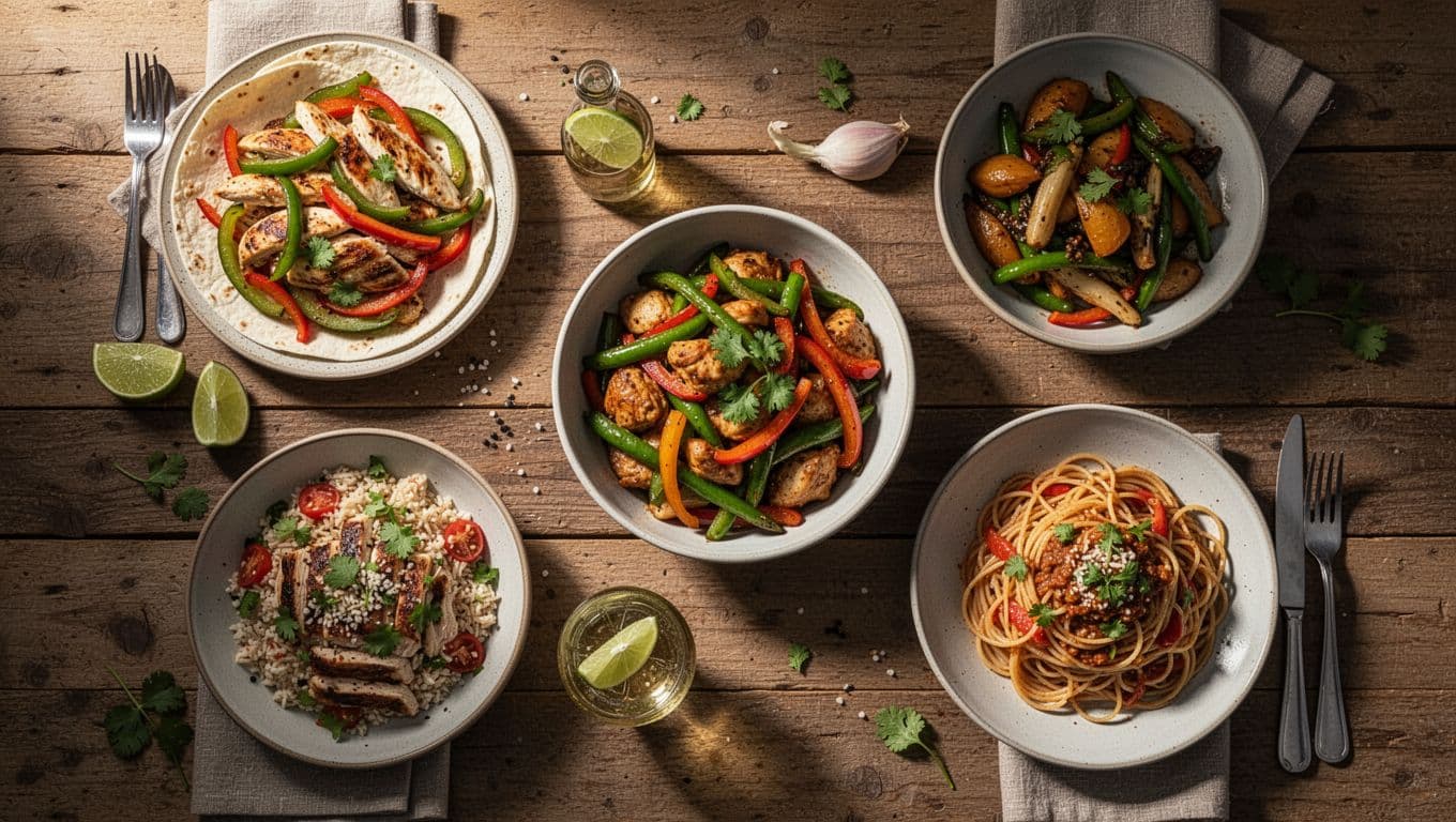 A top-down view shows a rustic wooden table filled with plates and bowls of freshly prepared chicken fajitas, stir-fry, and pasta. Warm lighting highlights the textures of the diverse ingredients.
