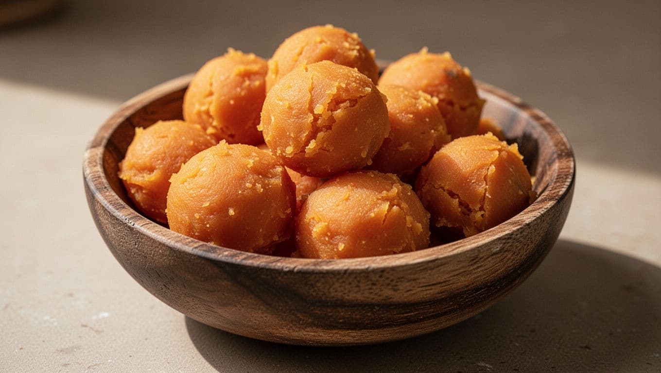 A small wooden bowl rests on a surface, containing golden-orange sweet potato balls with soft, visible textures. Warm, dramatic side-lighting emphasizes the snack's organic shape and vibrant, healthy appearance.