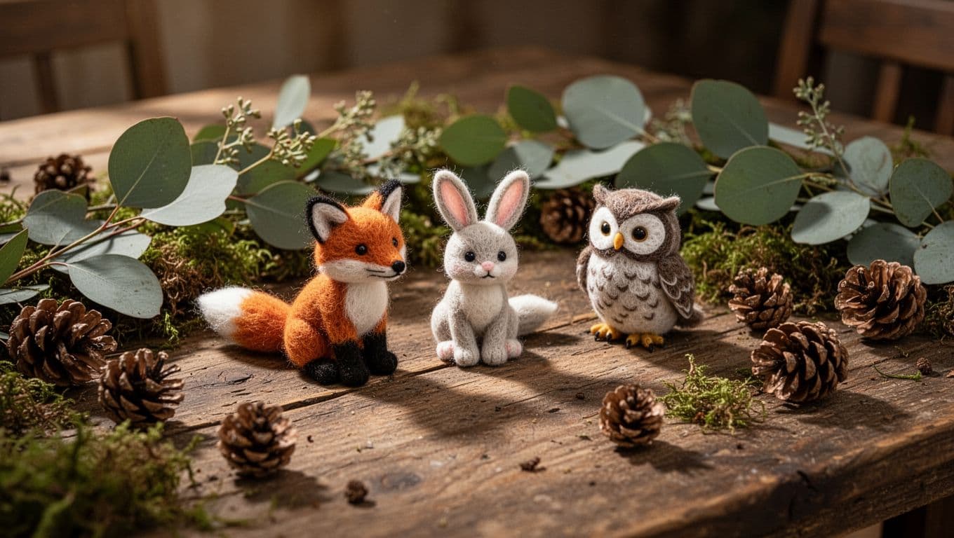 A rustic wooden surface is adorned with plush forest animals like foxes and owls, nestled among sprigs of fresh eucalyptus, patches of green moss, and scattered brown pinecones in soft lighting.