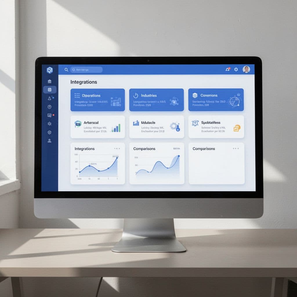Computer monitor displays clean blue-and-white dashboard with tabs for integrations, industries, and comparisons.