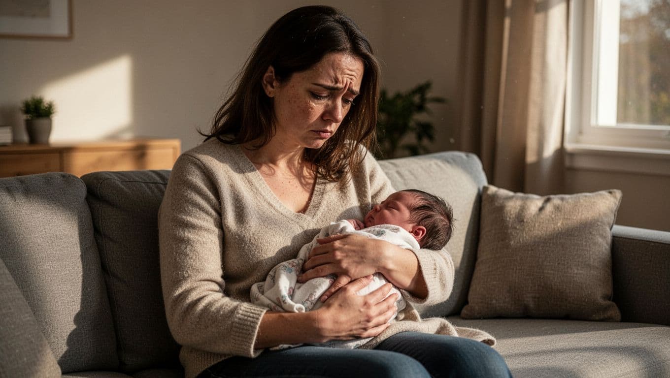 Young mother on living room couch holds sleeping newborn in arms with sad exhausted gaze.