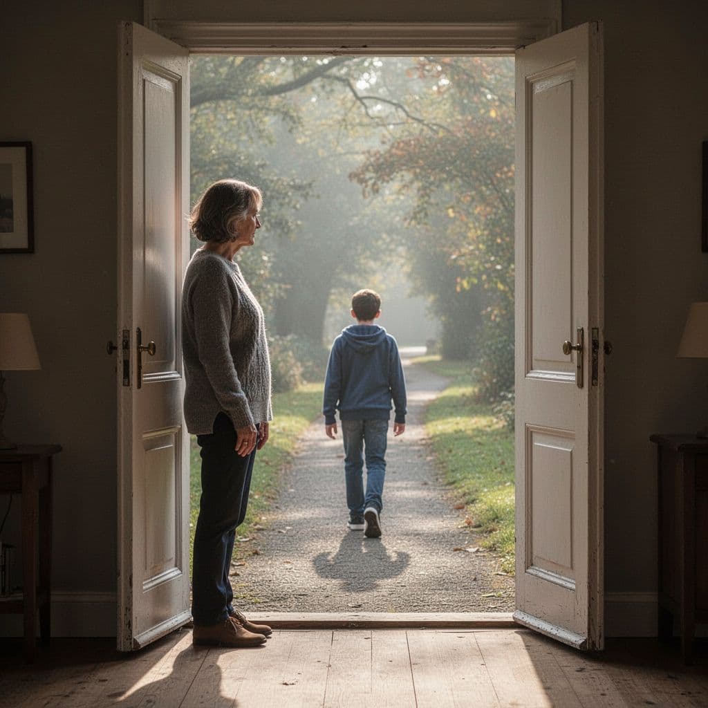 Sad parent stands in doorway watching grown child walk away into distance.