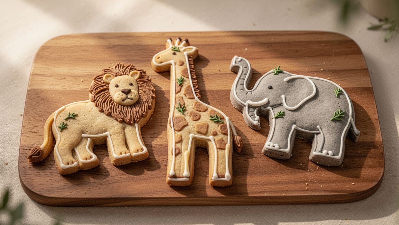 Hand-decorated sugar cookies shaped like lions, giraffes, and elephants sit arranged on a rustic wooden platter. Delicate green icing leaves accent the treats, illuminated by gentle morning light from nearby.