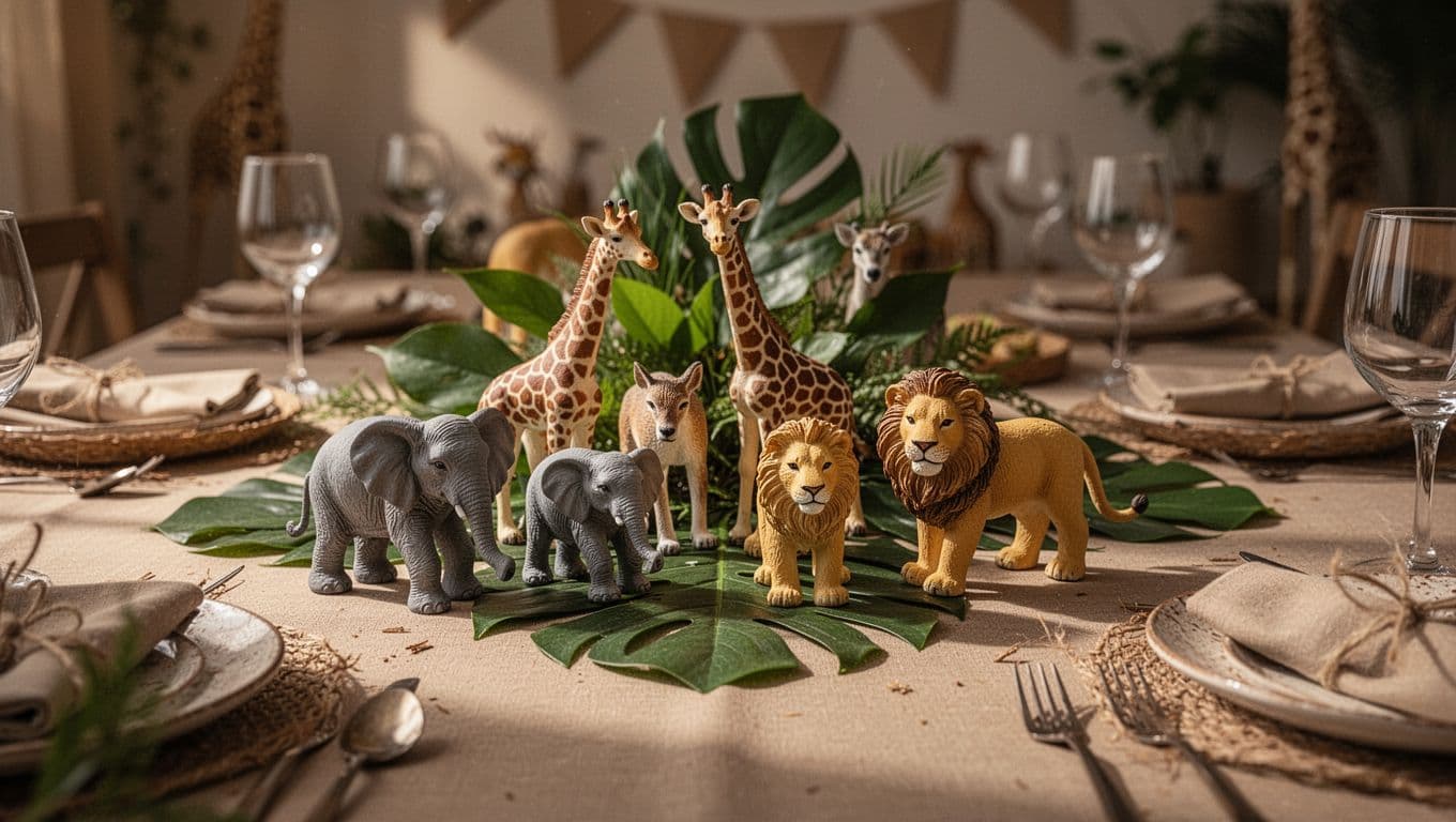 Small ceramic figurines of baby elephants, giraffes, and lions are arranged among lush green tropical leaves on a rustic wooden table. Warm ambient lighting creates a soft, inviting atmosphere throughout.