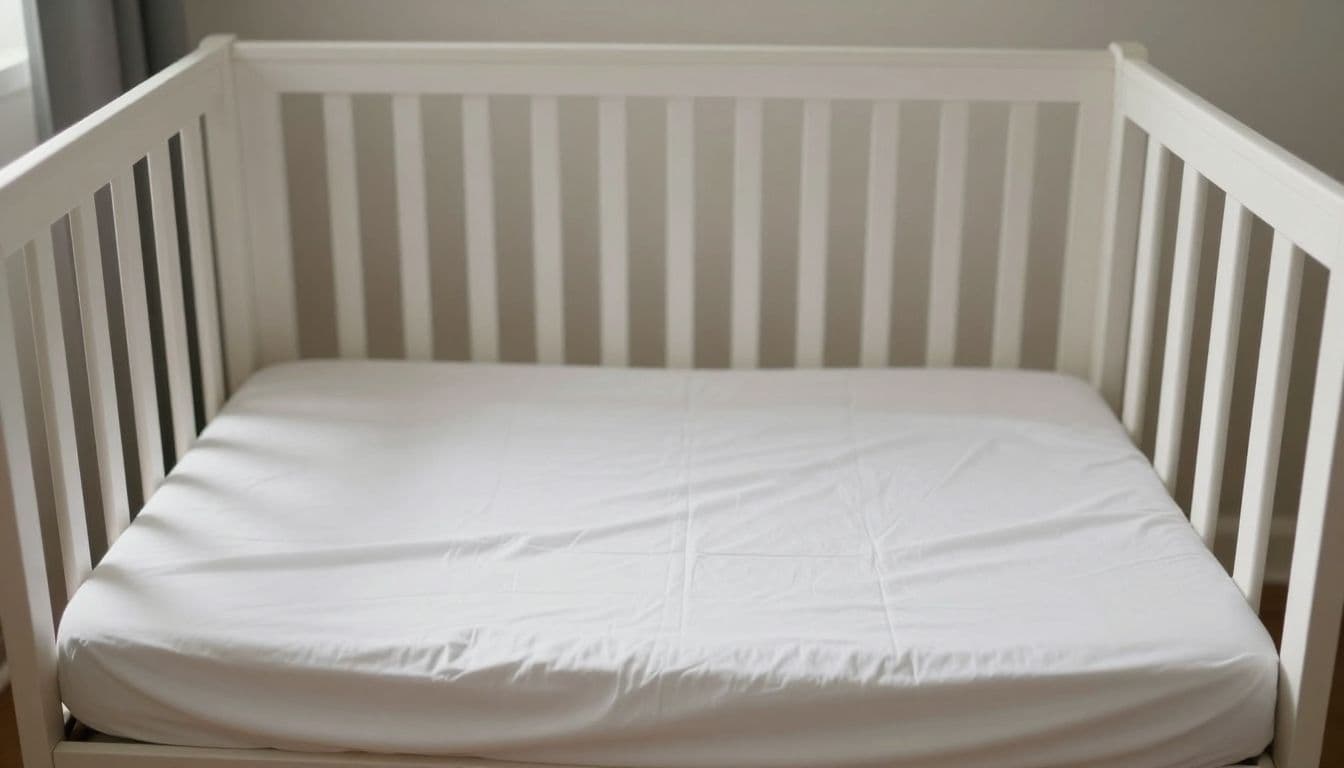 A bare infant crib features a firm mattress covered only by a clean white sheet. Soft natural light highlights the empty, hazard-free interior of the sleep space to ensure infant safety.