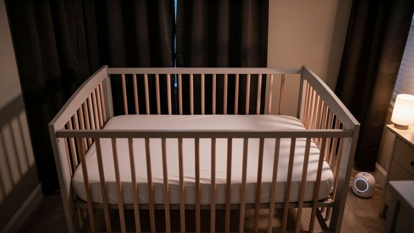 Centered empty infant crib with fitted sheet in dim nursery, soft nightlight glow, blackout curtains, white noise machine nearby.