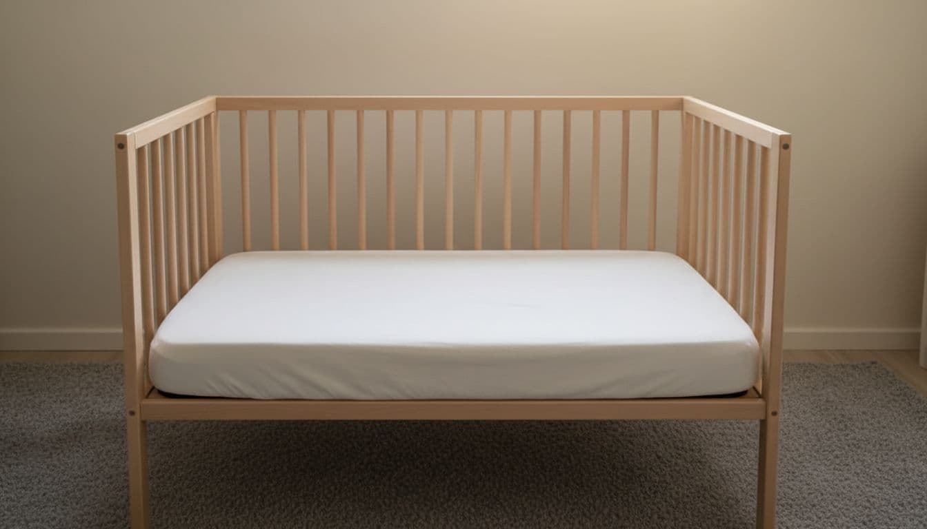 Empty newborn crib with firm flat mattress and tight fitted sheet only, in a simple wooden crib within a neutral nursery under soft lighting. Promotes safe sleep by excluding pillows, blankets, toys, bumpers, or positioners.