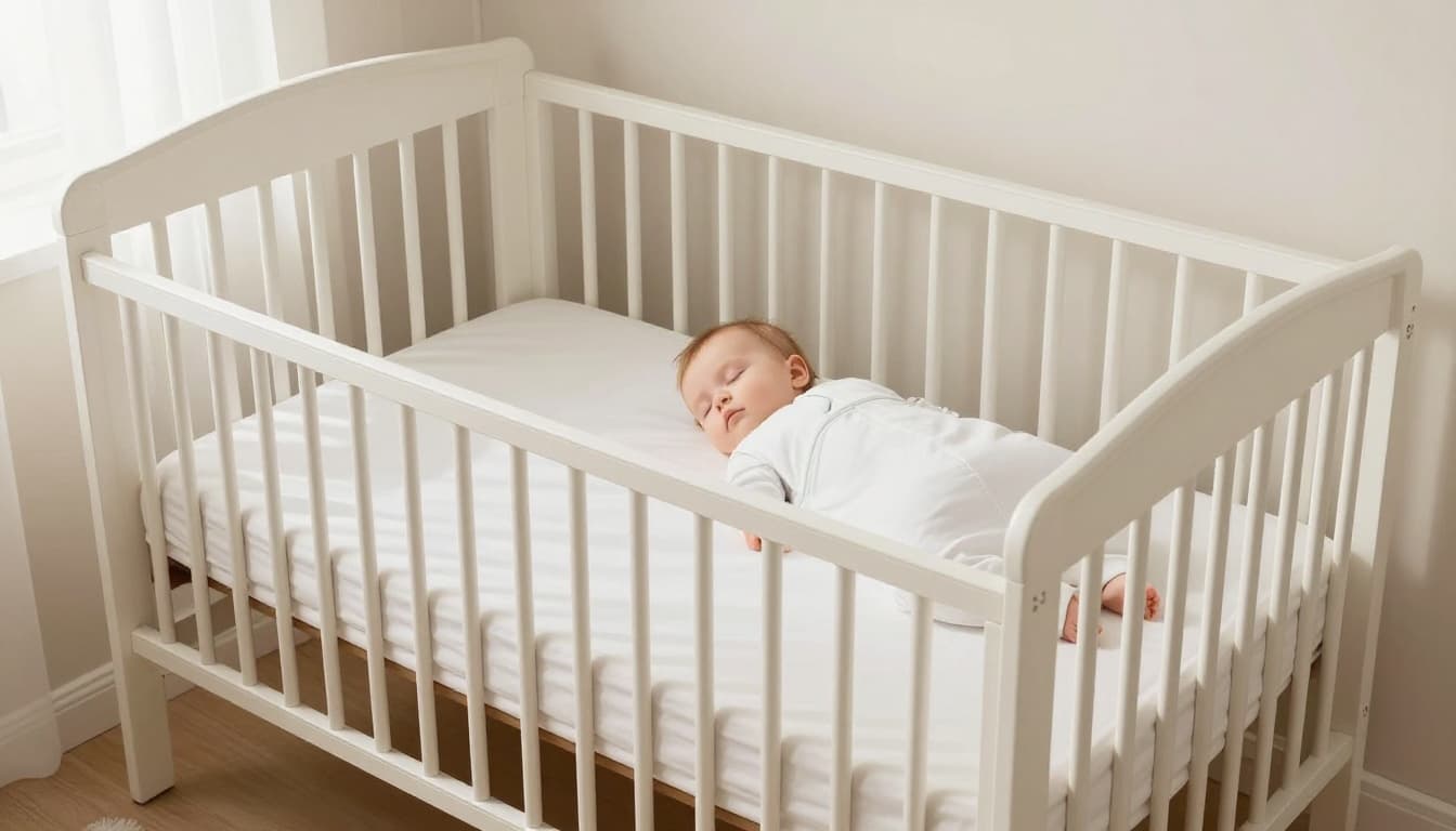 Baby sleeps on back in sleep sack on firm mattress with fitted sheet in empty crib, neutral nursery with morning light.