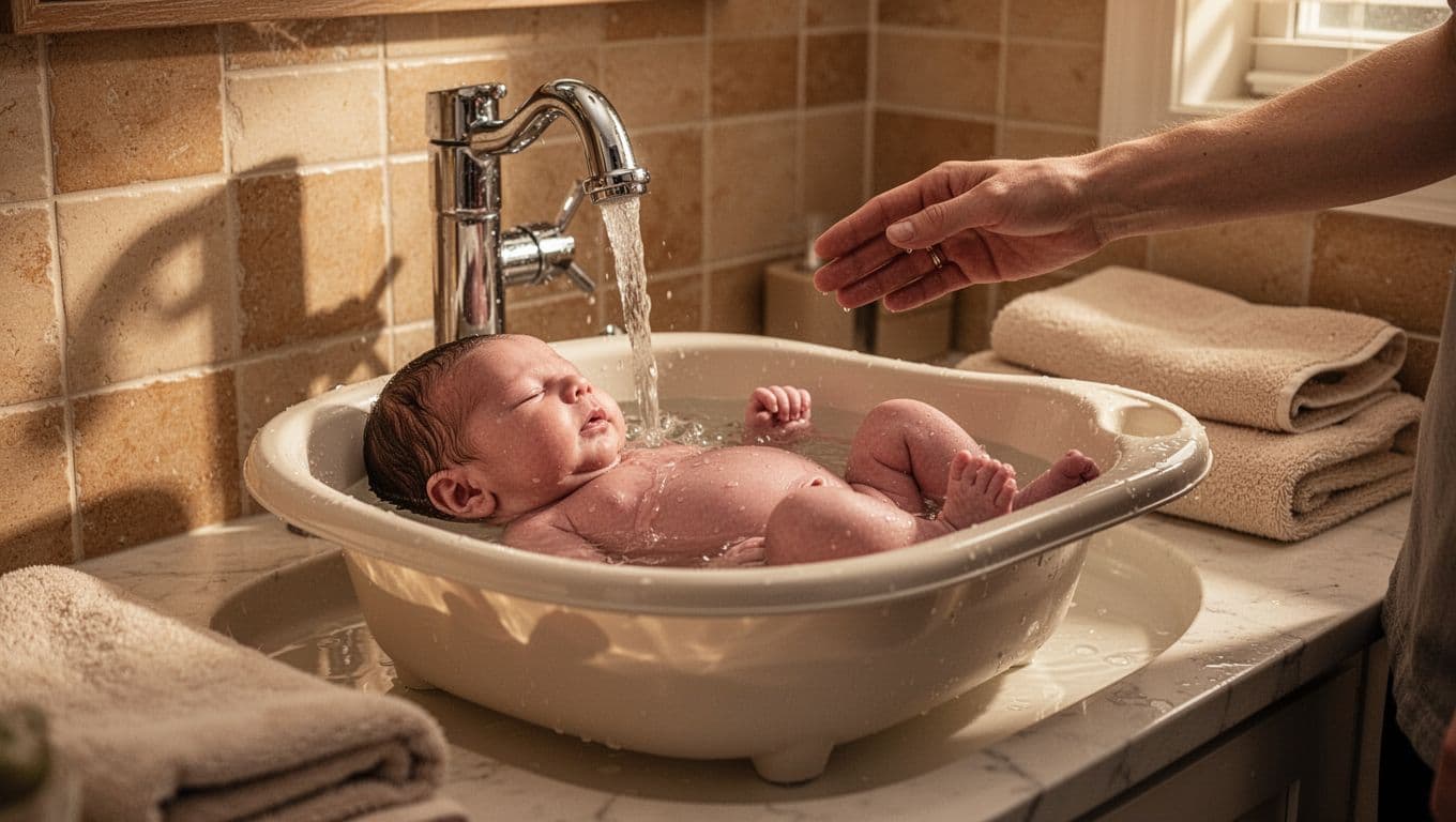 Newborn baby reclines in supportive bathtub on bathroom counter with gentle faucet water and nearby parent hand.
