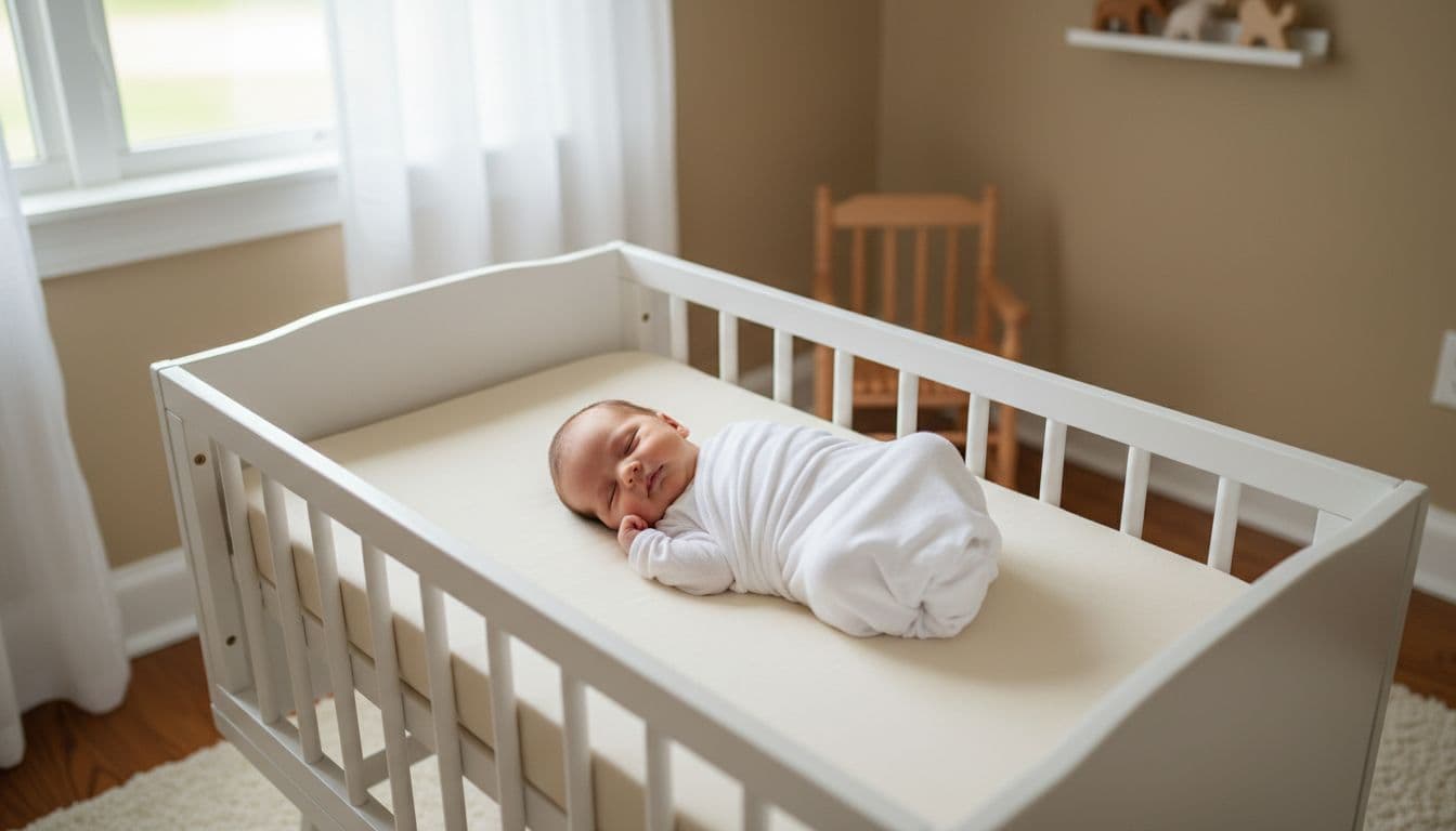 A newborn baby sleeping safely on their back in a plain white bassinet with firm flat mattress and fitted sheet only, in a softly lit nursery room. Exactly one baby, no pillows, blankets, toys, positioners, or bumpers visible; natural light, realistic photo, cozy atmosphere.