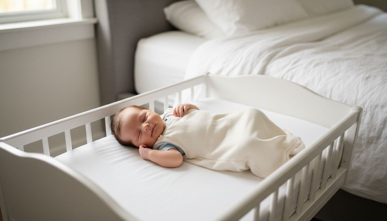 Newborn baby sleeps on back in white bassinet with fitted sheet only, wearing light clothing and sleep sack beside bed.