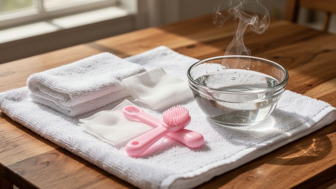 Close-up of folded washcloth, white gauze, pink silicone finger brush, and warm water bowl on white towel over wooden table.