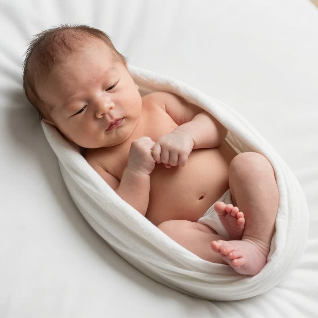 Close-up of newborn baby swaddled in thin cotton blanket, arms tucked, chest supported, legs mobile.