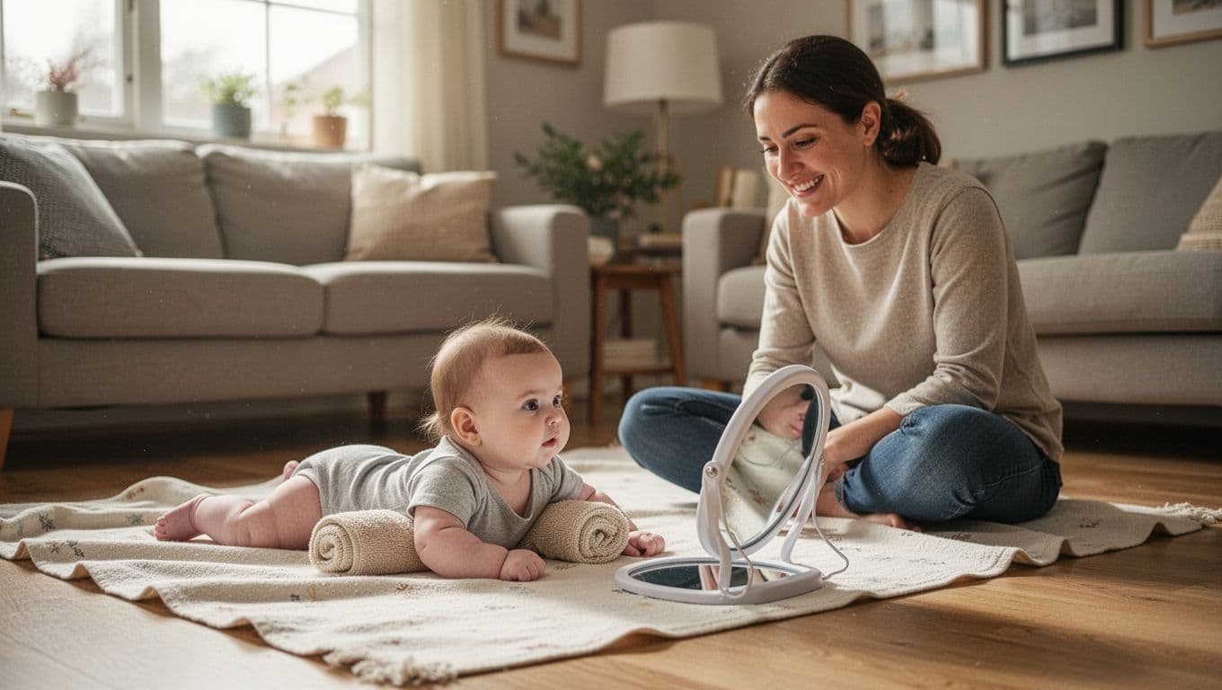 Realistic photo of a 3-month-old baby safely doing tummy time on a firm flat floor with thin blanket and rolled towel support under chest, engaging with baby-safe mirror 10 inches ahead, parent sitting cross-legged nearby at eye level smiling and supervising in cozy living room with natural light.
