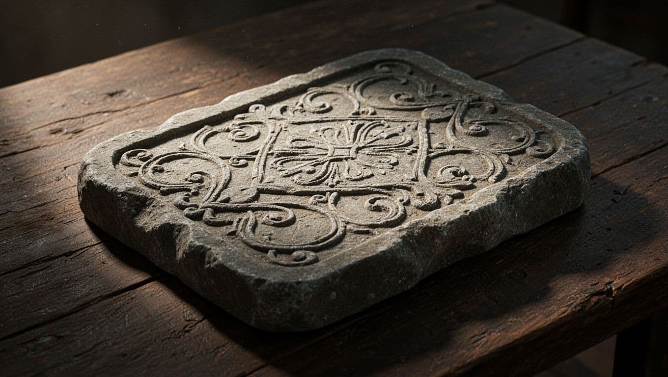 An aged stone slab featuring intricately carved Sanskrit characters sits upon a dark, rustic wooden surface. Dramatic side-lighting accentuates the depth of the engravings, casting long shadows across the textured stone.