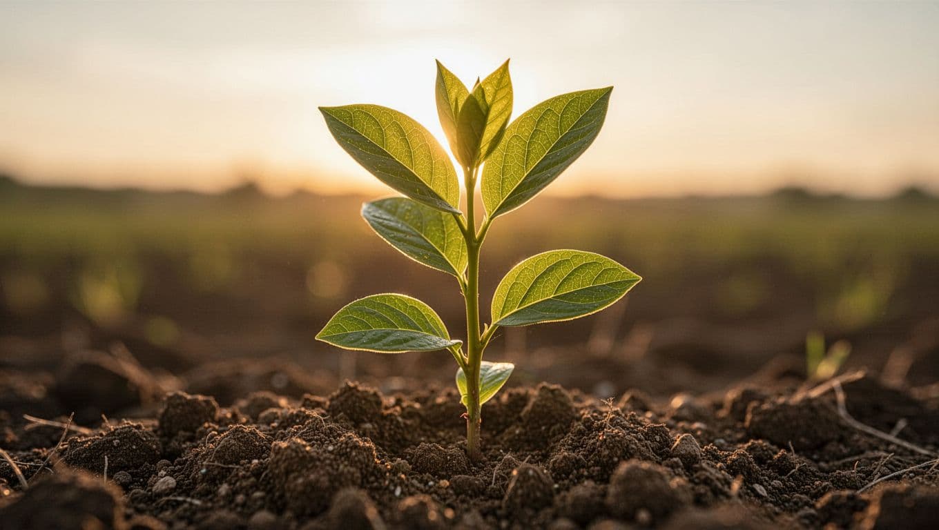 A delicate green sapling rises from rich, dark earth as the morning sun casts a golden glow. The soft-focus background emphasizes the tiny textured leaves and represents steady organic development.