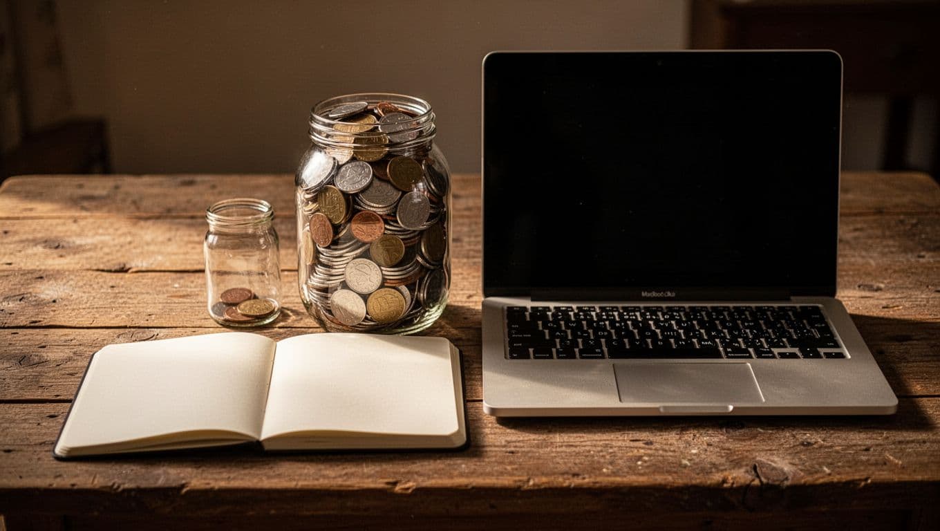 A glass jar brimming with coins sits beside a spiral-bound notebook and an open laptop on a polished wooden desk. Warm cinematic light illuminates the scene, highlighting the contrast between surfaces.