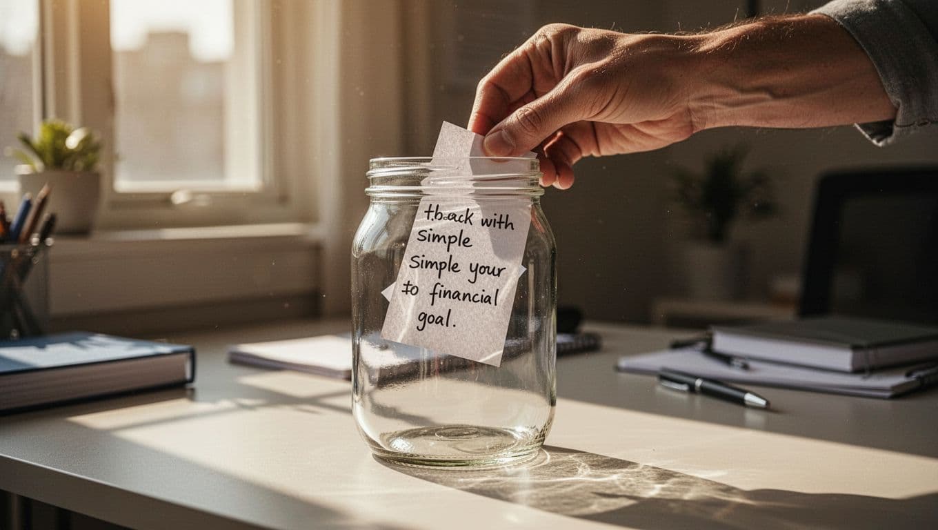 A person carefully slides a small handwritten note labeled College Fund into a transparent glass jar on a sun-drenched desk. Warm light illuminates the clean wooden surface and the glass container.