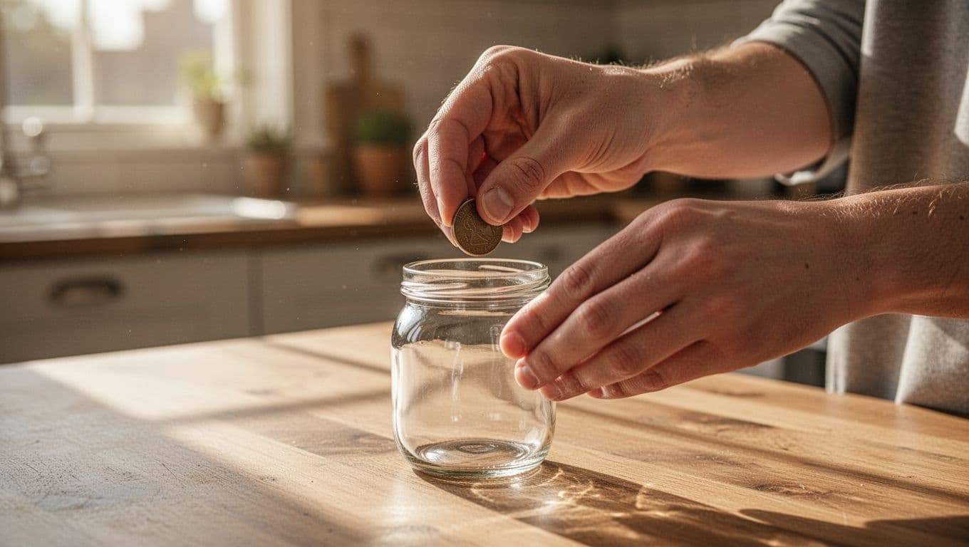 A hand places a shiny coin into a glass jar sitting on a rustic wooden table. Golden sunlight filters through a nearby window, illuminating the glass and casting soft shadows.
