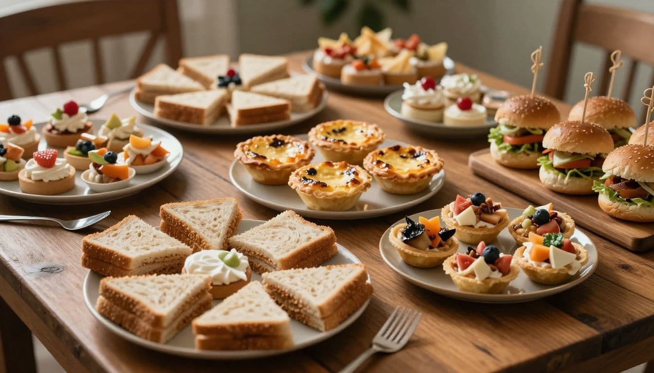 An assortment of tea sandwiches, petite quiches, and gourmet sliders are arranged beautifully on a rustic wooden table. Warm sunlight illuminates the textures of the crusts and fresh garnish details.