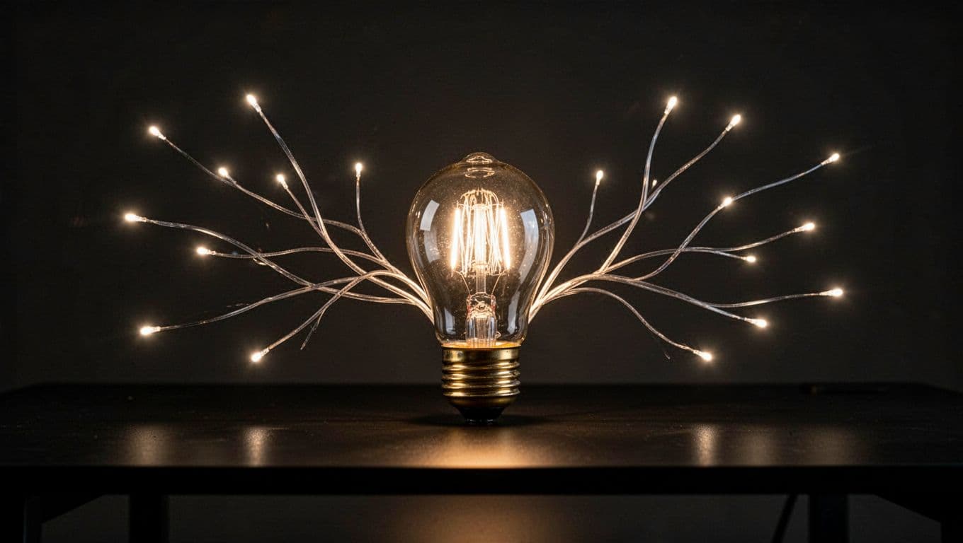A single luminous light bulb sits centrally on a dark, minimalist desk surface. Thin, branching lines of light radiate outward from the bulb to individual points of glowing, distant information.
