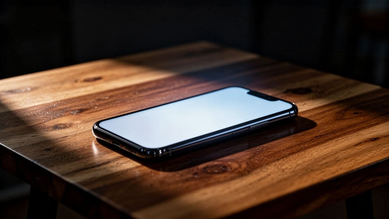 A sleek smartphone sits on a polished wooden surface, emitting a soft, ethereal glow against a dark, moody background. The high-contrast cinematic lighting highlights the device as a symbol of financial protection.